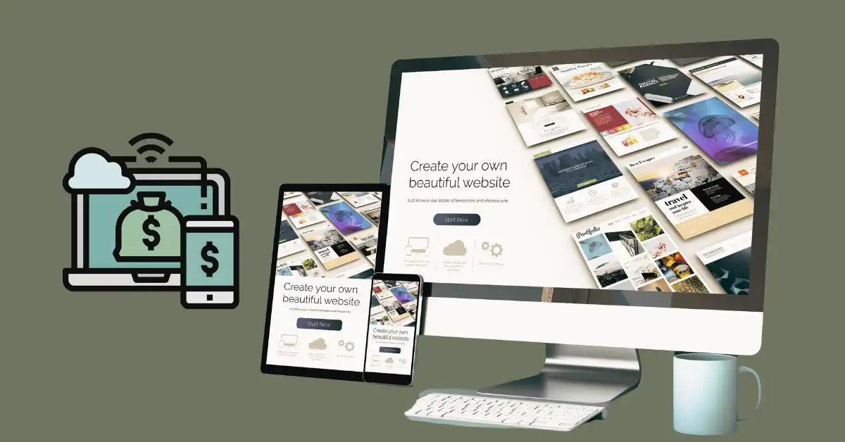 صورة بها تصميم موقع الكتروني وعلامة علي الدولارت وترمز إلى كم تكلفة تصميم موقع الكتروني في السعودية